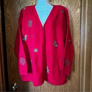 Koret women’s red zippered red holiday cardigan-snowflakes & pine needles-2x
